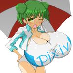  blush breasts cleavage gigantic_breasts green_hair huge_breasts ishioto pixiv race_queen smile swimsuit umbrella wink 