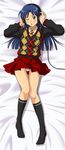  argyle black_eyes black_legwear blue_hair blue_panties blush brown_eyes dakimakura dress_shirt full_body hands_on_headphones hands_on_own_head headphones highres idolmaster idolmaster_(classic) kisaragi_chihaya lielos long_hair looking_at_viewer lying miniskirt necktie on_back one_eye_closed panties plaid plaid_skirt pleated_skirt shirt skirt socks solo sweater thigh_gap underwear 