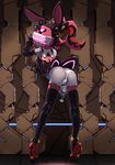  animal_ears ass breasts bunny_ears bunny_girl cameltoe cup drinking_glass fei-yen from_behind full_body grey_skin high_heels highres leaning_forward looking_back mecha musen-shiki_sanhankikan no_humans panties robot shoes small_breasts solo standing thighhighs twintails underwear virtual_on visor wine_glass 