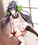  belt blue_eyes blush boots hair_ribbon infinite_stratos long_hair ok-ray ponytail ribbon shinonono_houki sitting solo thighhighs white_legwear window 