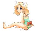  :o animal_ears bare_legs bare_shoulders barefoot bell blonde_hair blue_eyes blush casual_one-piece_swimsuit cat_ears cat_tail earrings feet full_body highres jewelpet_(series) jewelpet_twinkle jewelry kemonomimi_mode looking_back miria_marigold_mackenzie nyama one-piece_swimsuit ribbon short_hair simple_background sitting solo swimsuit tail 