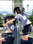  black_hair black_legwear bokuden hair_ornament hairclip kneehighs kneeling multiple_girls newspaper original pole ponytail profile school_uniform serafuku sitting socks train_interior tree 