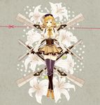  bad_id bad_pixiv_id beret blonde_hair boots breasts brown_legwear corset crossed_legs detached_sleeves dotted_line drill_hair fingerless_gloves flower gloves gun hair_ornament hairpin hat highres lily_(flower) long_hair magical_girl magical_musket mahou_shoujo_madoka_magica mami_mogu_mogu medium_breasts puffy_sleeves ribbon scissors solo standing striped striped_legwear thighhighs tomoe_mami twin_drills twintails vertical-striped_legwear vertical_stripes washi_(micino) weapon when_you_see_it yellow_eyes zettai_ryouiki 