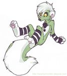  black chest_tuft ear_piercing fang green hair holly_massey legs_up male nude piercing pink_nose reclining short_hair skunk solo stripes tail tattoo toony white white_background white_hair yellow_eyes 