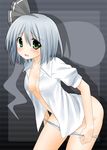  black_hairband blush breasts cleavage green_eyes hairband konpaku_youmu konpaku_youmu_(ghost) leaning_forward mashima_(sumachi) no_pants open_clothes open_shirt panties panty_pull shirt silver_hair small_breasts solo touhou underwear undressing 