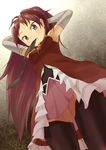  adjusting_hair armpits arms_up bad_id bad_pixiv_id black_legwear detached_sleeves foreshortening from_below long_hair magical_girl mahou_shoujo_madoka_magica mouth_hold ponytail red_eyes red_hair ribbon sakura_kyouko solo thighhighs tottema tying_hair 