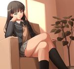  amagami ayatsuji_tsukasa black_eyes black_hair black_jacket black_legwear blazer chair chin_rest crossed_legs grey_skirt indoors jacket kibito_high_school_uniform legs long_hair long_legs long_sleeves open_mouth pinkwaters plant pleated_skirt potted_plant school_uniform sitting skirt solo window 