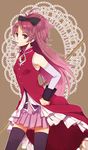  bad_id bad_pixiv_id bare_shoulders black_legwear detached_sleeves food hand_on_hip kotono long_hair magical_girl mahou_shoujo_madoka_magica pocky polearm ponytail red_eyes red_hair sakura_kyouko solo thighhighs weapon zettai_ryouiki 