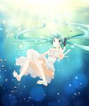  air_bubble aqua_eyes aqua_hair barefoot bubble dress feet floating_hair hands haruki_(colorful_macaron) hatsune_miku highres long_hair open_hand soles solo twintails underwater very_long_hair vocaloid white_dress 