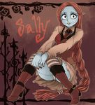  blue_skin braid brown_hair ichiban_shibori nail_polish panties pantyshot pantyshot_(sitting) red_eyes sally_(nbc) sitting solo stitches the_nightmare_before_christmas underwear white_panties 