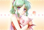  bare_shoulders blue_eyes cape earrings en_la_festa female final_fantasy final_fantasy_vi gradient gradient_background green_hair halftone_background hug jewelry long_hair moogle ponytail ribbon solo tina_branford wristband 