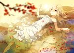  afloat bad_id bad_pixiv_id bare_shoulders barefoot blonde_hair blurry branch depth_of_field dress leaf long_hair lying magic on_back original partially_submerged solo strapless strapless_dress tiv water wet 