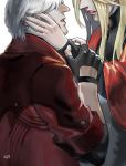  1girl blonde_hair coat dante_(devil_may_cry) devil_may_cry devil_may_cry_4 eva_(devil_may_cry) fingerless_gloves gloves hand_on_another's_face highres linkget5501 long_hair medium_hair red_coat signature simple_background white_background white_hair 