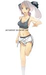  bow breasts cleavage crop_top faustsketcher gym_shorts hair_bow hiiragi_kagami lucky_star medium_breasts midriff navel open_mouth shirt shorts sideboob silver_hair solo standing standing_on_one_leg tank_top taut_clothes taut_shirt watermark web_address 