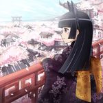  animal_ears black_hair cat_ears cherry_blossoms edogawakid fake_animal_ears gokou_ruri hime_cut japanese_clothes kimono long_hair mole mole_under_eye ore_no_imouto_ga_konna_ni_kawaii_wake_ga_nai purple_eyes railing scenery solo torii town 