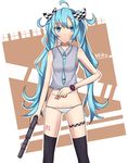  bad_id bad_pixiv_id blue_eyes blue_hair blush checkered cigarette gun handgun hatsune_miku komaki long_hair lowleg lowleg_panties necktie no_pants panties pistol solo striped striped_panties suppressor thighhighs twintails underwear very_long_hair vocaloid watch weapon 