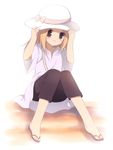  bad_id blonde_hair blush brown_eyes gradient gradient_background hat kogitsune male male_focus natsume_yuujinchou sandals shorts simple_background sitting smile solo sumii trap 