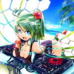  ahoge ass beach bent_over blue_eyes breasts cleavage dj fang female flower green_hair headphones highres kamiya_zuzu leaning_forward long_hair nature ocean open_mouth original phonograph plant ponytail sky smile solo swimsuit turntable zuzu 