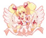  :d angel_wings blonde_hair bow cure_angel_(fresh_precure!) cure_peach earrings fresh_precure! hair_ornament hairpin happy heart inami_(inanan) jewelry long_hair magic magical_girl momozono_love open_mouth precure red_eyes ribbon smile solo tongue twintails wings wrist_cuffs 