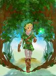  bad_id bad_pixiv_id belt blonde_hair blue_eyes boots earrings fairy forest gloves hat highres jewelry link nature navi pointing pointy_ears shadow suimu_(karamachi) sword the_legend_of_zelda the_legend_of_zelda:_ocarina_of_time tree tree_shade tunic walking weapon 