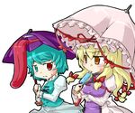  blonde_hair blue_eyes breasts food geta heterochromia karakasa_obake licking long_hair medium_breasts multiple_girls orange_eyes popsicle purple_umbrella red_eyes sesield short_hair tatara_kogasa tongue touhou umbrella yakumo_yukari yellow_eyes 