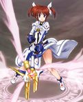  armor blue_eyes boots brooch brown_hair crop_top fighting_stance fingerless_gloves flat_chest gloves glowing hair_ribbon highres jewelry legs lyrical_nanoha magic_circle magical_girl mahou_shoujo_lyrical_nanoha mahou_shoujo_lyrical_nanoha_the_movie_1st raising_heart ribbon scharfschutze short_hair short_twintails skirt skirt_lift smile solo staff standing takamachi_nanoha turtleneck twintails weapon wind wind_lift wings 