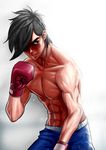  abs ashita_no_joe black_hair boxing boxing_gloves collarbone delta_zone face male_focus muscle shorts solo sweat yabuki_jou 