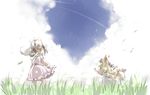  animal_ears blonde_hair blue_sky bunny_ears child cloud day dress fox_ears fox_tail grass hat highres ikuta_takanon inaba_tewi looking_back multiple_girls multiple_tails outstretched_arm reaching running short_hair sky standing tail touhou yakumo_ran younger 