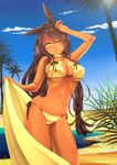  animal_ears bikini blanket blue_sky breasts brown_hair bunny_ears choker cleavage cloud curvy dark_skin day front-tie_top hand_on_own_head hira_taira karindi_(pixiv_fantasia) large_breasts long_hair navel one_eye_closed outdoors palm_tree pixiv_fantasia pixiv_fantasia_5 sand shiny shiny_clothes side-tie_bikini sky smile solo swimsuit tree underboob water yellow_bikini yellow_eyes 