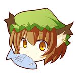  animal_ears bad_id bad_pixiv_id blush brown_eyes brown_hair cat_ears chen earrings fish hat jewelry koyumi mouth_hold short_hair solo tears touhou 