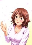  brown_eyes brown_hair diesel-turbo hanamura_sanjussai petals shirai_risa short_hair solo waving 