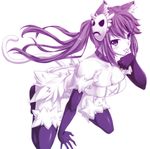  albireo_(yumekui_merry) animal_ears breasts cat_ears cat_tail cleavage kneeling long_hair medium_breasts monochrome nectar_(fujiya) purple solo tail thighhighs tongue twintails yumekui_merry 