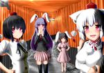  animal_ears barefoot black_hair black_legwear blazer bunny_ears fushimi_inari_taisha hat highres inaba_tewi inubashiri_momiji jacket long_hair multiple_girls multiple_torii necktie purple_hair red_eyes reisen_udongein_inaba shameimaru_aya short_hair silver_hair thighhighs tokin_hat torii touhou u.s.m.c wolf_ears 