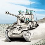  afrika_korps aqua_hair caterpillar_tracks clone cross desert dust grin ground_vehicle hatsune_miku iron_cross long_hair marder_iii military military_vehicle motor_vehicle multiple_girls plant rxjx smile spring_onion tank tank_destroyer twintails vocaloid war world_war_ii 