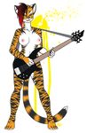  alpha_channel bass_guitar black black_hair breasts claws covering_self feline female green_eyes guitar hair looking_at_viewer mohawk music navel nipples nude orange punk red_hair solo standing stripes tail tiger transgender trynity white 