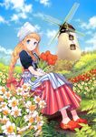  absurdres apron blonde_hair blue_eyes braid clogs flower highres long_hair nardack netherlands no_socks original skirt smile solo striped striped_skirt traditional_clothes tulip twin_braids windmill 