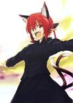  :d animal_ears bad_id bad_pixiv_id braid cat_ears cat_tail extra_ears kaenbyou_rin lefthand looking_at_viewer open_mouth outstretched_arms red_eyes red_hair short_hair smile solo spread_arms tail touhou 