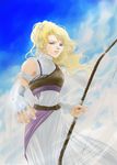  blonde_hair blue_eyes bow_(weapon) cloud clouds dress female final_fantasy final_fantasy_iv fingerless_gloves gloves long_hair outdoors ponytail rosa_farrell sky solo the_sky_lost_the_moon weapon 