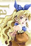  bare_shoulders blonde_hair blue_neckwear bow brown_eyes calamity_jane choker drill_hair freckles hair_ribbon long_hair looking_back official_art ooba_wakako open_mouth orange_sleeves ribbon scan sidelocks solo surprised wild_arms wild_arms_1 