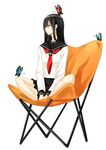  black_hair bug butterfly butterfly_on_head chair feet_on_chair folding_chair indian_style insect long_hair nabeshima_tetsuhiro original school_uniform serafuku sitting skirt solo 