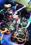  :o anchor belt black_hair blue_eyes chain hat murasa_minamitsu navel outstretched_arm pos sailor sailor_hat short_hair solo touhou underwater water 