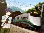  bag camera copyright_request ground_vehicle purple_hair railroad_tracks shinkansen sleeves_rolled_up smile solo tessai train 