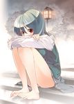  akanagi_youto bare_legs barefoot blue_eyes blue_hair feet heterochromia lantern leg_hug legs rain red_eyes short_hair sitting sitting_on_stairs solo stairs tatara_kogasa toes touhou 