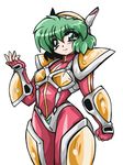  90s ahoge armor bad_id bad_pixiv_id bodysuit gloves green_eyes green_hair hairband iczelion iczer_(series) kai_nagisa looking_at_viewer mecha_musume okuri_ookami pauldrons short_hair simple_background smile solo white_background 