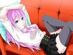  arms_up bad_id bad_pixiv_id blue_eyes couch long_hair lying megurine_luka on_back pillow pink_hair sayaka_(ponkichi) solo thighhighs vocaloid zettai_ryouiki 