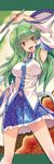  :d arm_up armpits breasts detached_sleeves frog gohei green_eyes green_hair hair_ornament kochiya_sanae large_breasts long_hair midriff navel open_mouth smile snake solo tamon_ketsuyuki touhou 