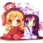  :3 akemi_homura blonde_hair blue_eyes blush charlotte_(madoka_magica) charlotte_(madoka_magica)_(cosplay) chibi chocolat_(momoiro_piano) commentary_request cosplay drill_hair frills hat kyubey kyubey_(cosplay) long_hair looking_at_viewer mahou_shoujo_madoka_magica maid_headdress monster multiple_girls simple_background sitting smile tareme tomoe_mami twin_drills twintails wariza white_background yellow_eyes 