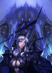  armor blue breasts cleavage grey_hair highres lance large_breasts mhk_(mechamania) pixiv_fantasia pixiv_fantasia_5 polearm purple_eyes solo weapon 