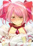  amulet bad_id bad_pixiv_id blush bow choker face gloves hair_bow hands_clasped hino_(gonta523) kaname_madoka magical_girl mahou_shoujo_madoka_magica own_hands_together pink_eyes pink_hair puffy_sleeves red_choker sad_smile short_twintails smile solo tears twintails 