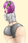  1girl alisa_boskonovich ass big_ass blush huge_ass looking_back misuto77 pink_hair short_hair simple_background solo tekken 